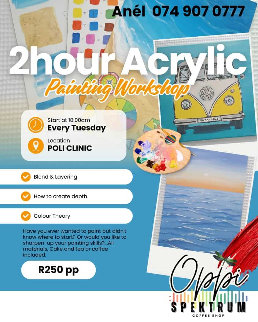 2 Hour Acrylic Painting Workshop at  Oppi Spektrum Coffee Shop in Jeffreys Bay